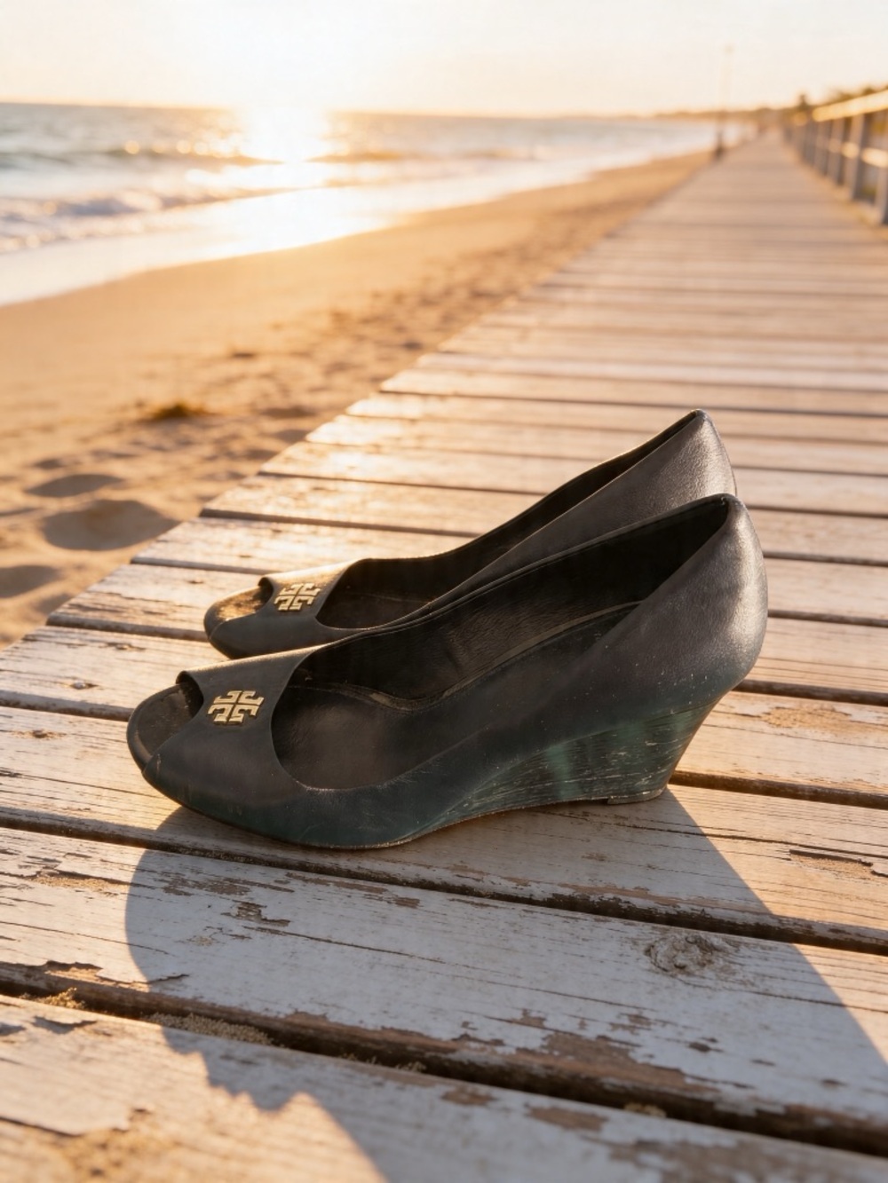 Tory Burch Black Peep-Toe Wedge with Gold Logo